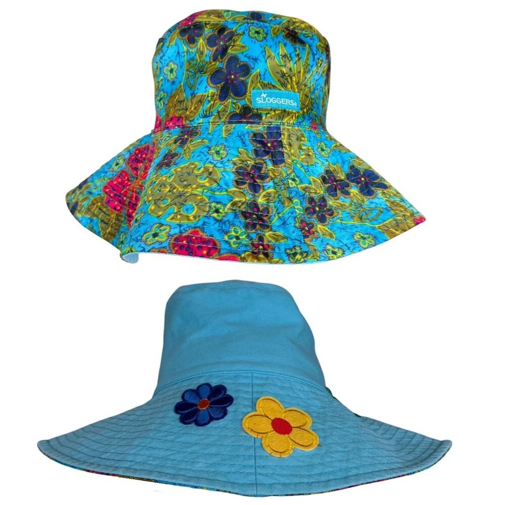 Upcycled Reversible Wide Brim Teal Blue Floral Bucket Sun Hat Embroidered Flower